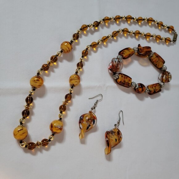 Vintage Murano Necklace Bracelet Earrings Set 24" Beaded Swirl - Picture 7 of 17